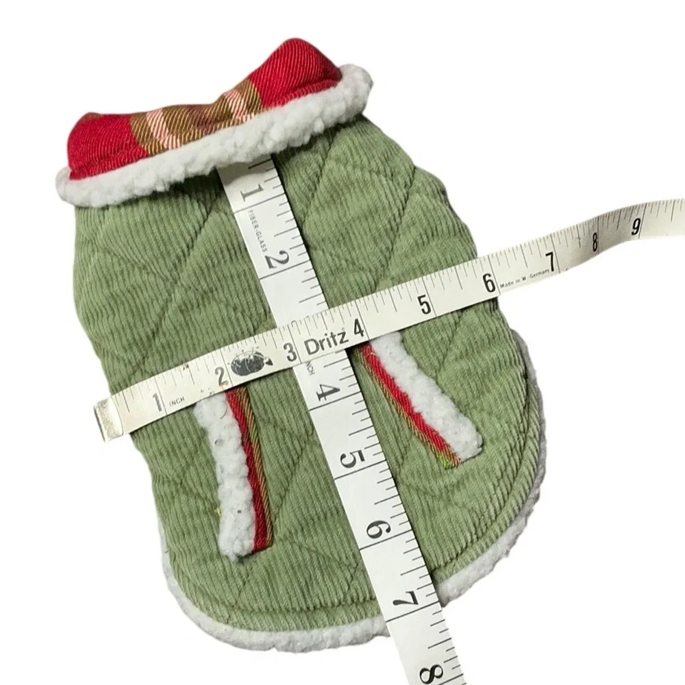 Green Quilted Dog Jacket with Red Plaid Accents